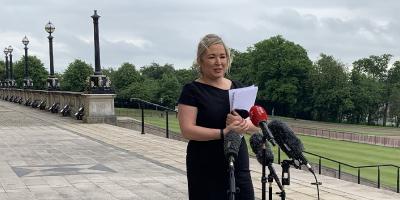 Sinn Féin leader and MLA Michelle O'Neill unveils letter to the media.
